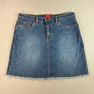 Mossimo Stretch Denim Mini Skirt Womens Size 7 Blue Frayed Hem Jean Skirt